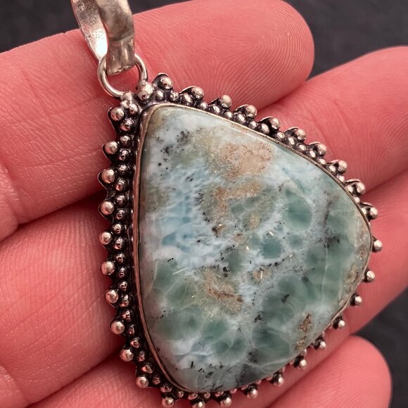 Green Blue and Beige Pectolite Larimar Stone Jewelry Crystal Pendant - Picture 3 of 6